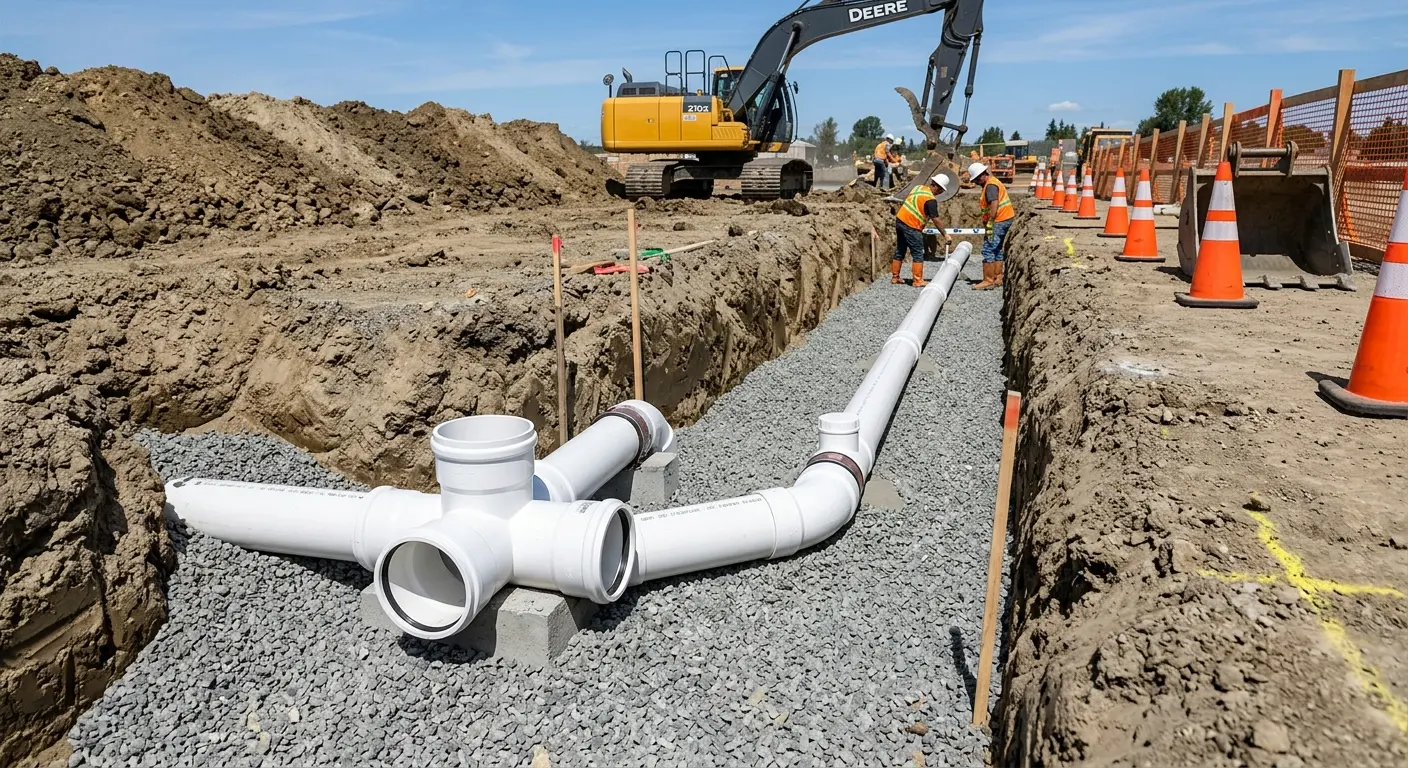 New PVC sewer pipe installation in open trench for Commercial Drain Cleaning in Whitfield