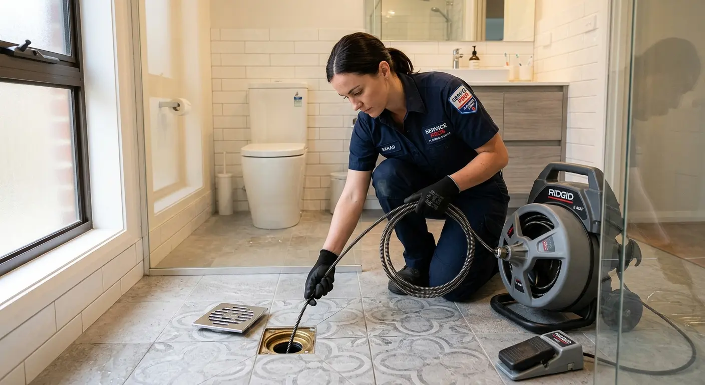 Technician clearing a bathroom floor drain for Hydro Jetting in Whitfield